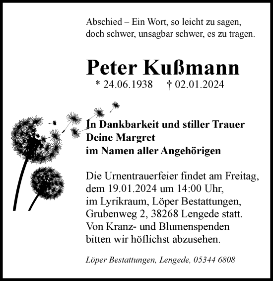 Traueranzeige von Peter Kußmann von Peiner Nachrichten