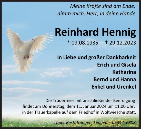 Traueranzeige von Reinhard Hennig von Peiner Nachrichten