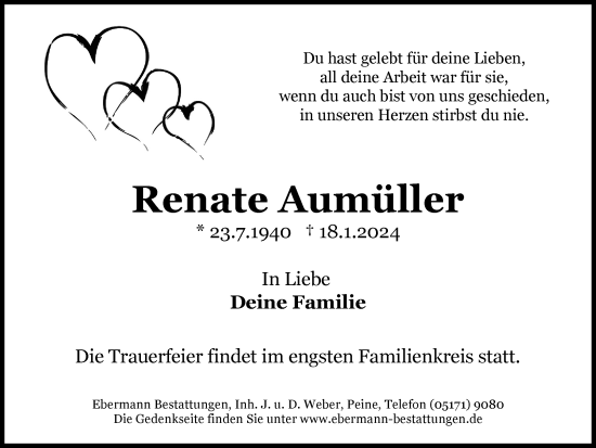 Traueranzeige von Renate Aumüller von Peiner Nachrichten