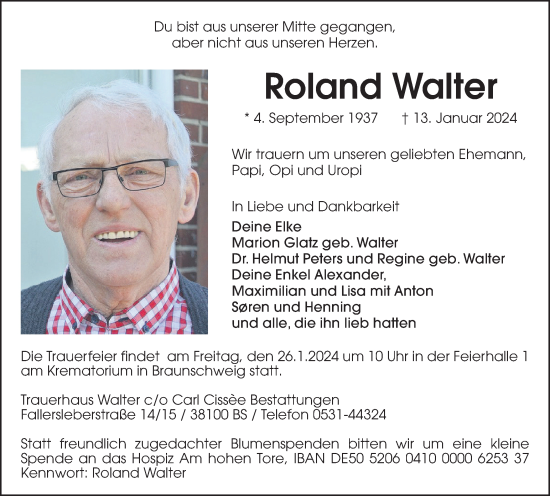 Traueranzeige von Roland Walter von Braunschweiger Zeitung