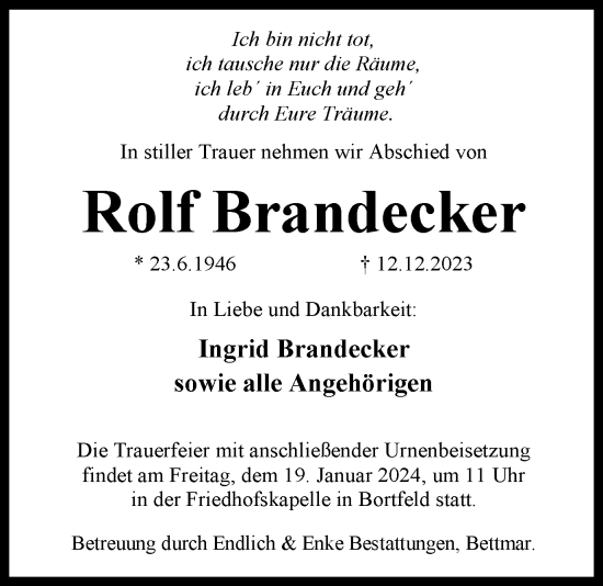 Traueranzeige von Rolf Brandecker von Peiner Nachrichten