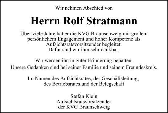 Traueranzeige von Rolf Stratmann von Salzgitter-Zeitung
