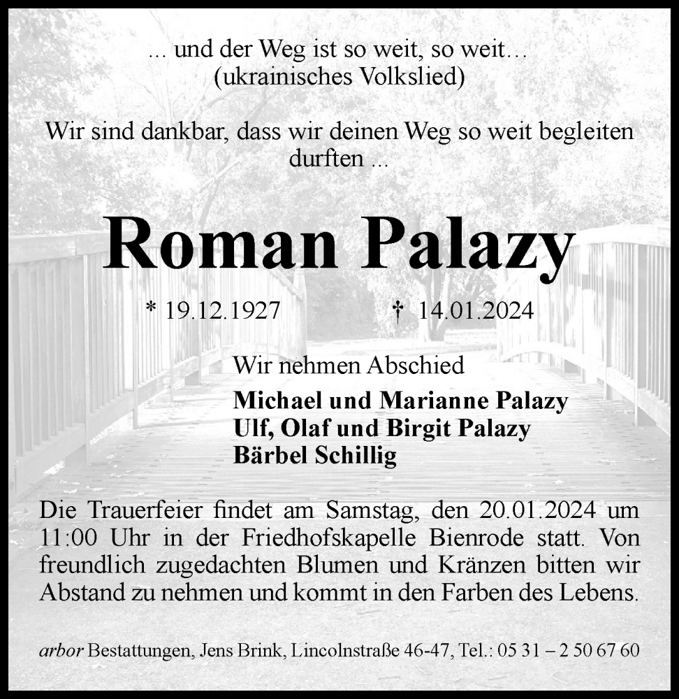  Traueranzeige für Roman Palazy vom 19.01.2024 aus Braunschweiger Zeitung