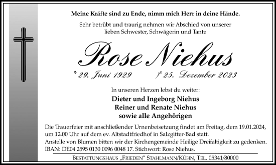 Traueranzeige von Rose Niehus von Salzgitter-Zeitung