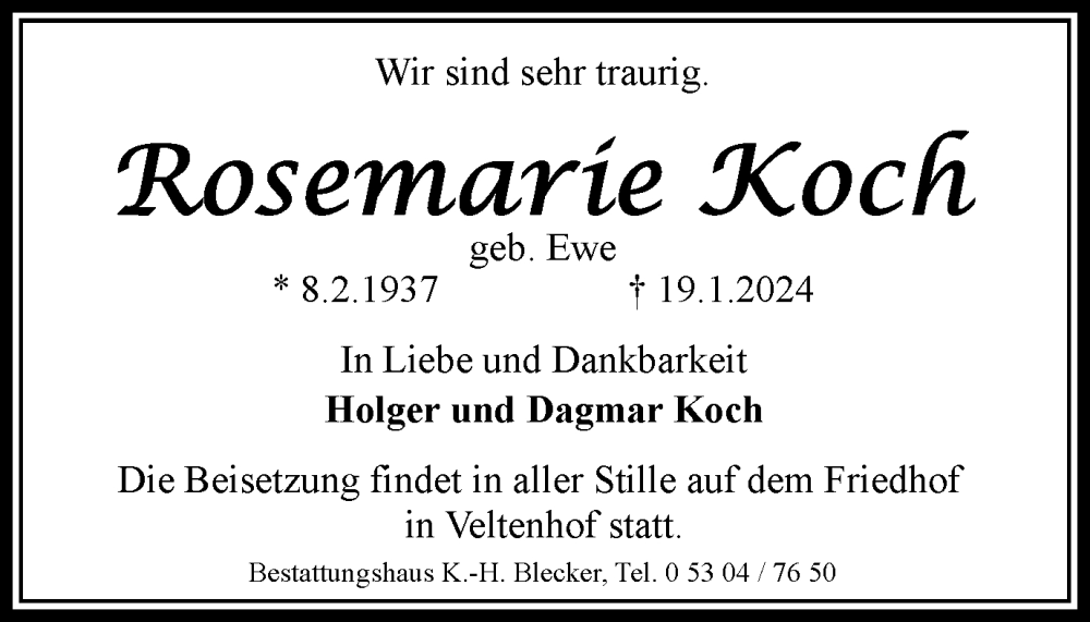 Traueranzeigen von Rosemarie Koch | trauer38.de