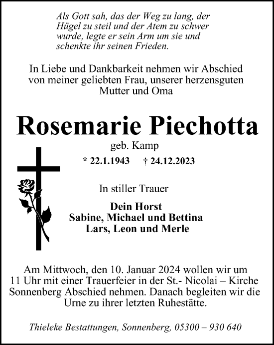 Traueranzeige von Rosemarie Piechotta von Peiner Nachrichten