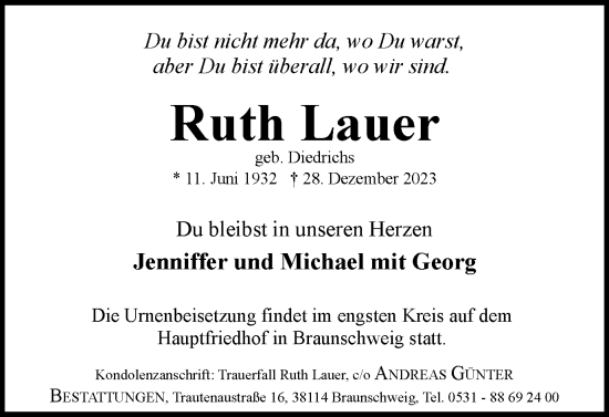 Traueranzeige von Ruth Lauer von Braunschweiger Zeitung