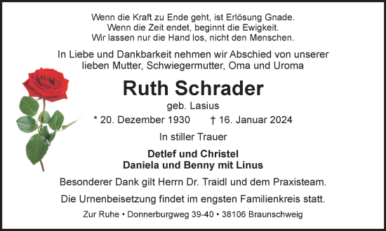 Traueranzeige von Ruth Schrader von Braunschweiger Zeitung