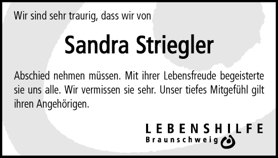 Traueranzeige von Sandra Striegler von Braunschweiger Zeitung