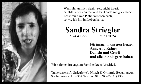 Traueranzeige von Sandra Striegler von Braunschweiger Zeitung