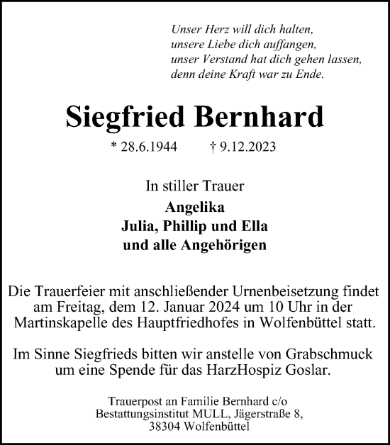 Traueranzeige von Siegfried Bernhard von Braunschweiger Zeitung