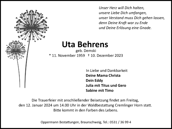 Traueranzeige von Uta Behrens von Braunschweiger Zeitung