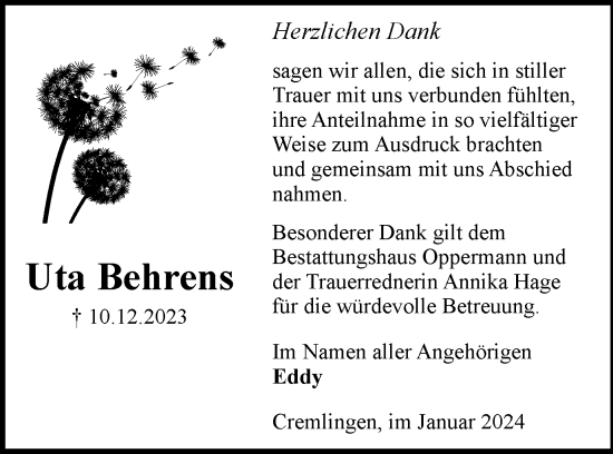 Traueranzeige von Uta Behrens von Wolfenbütteler Zeitung