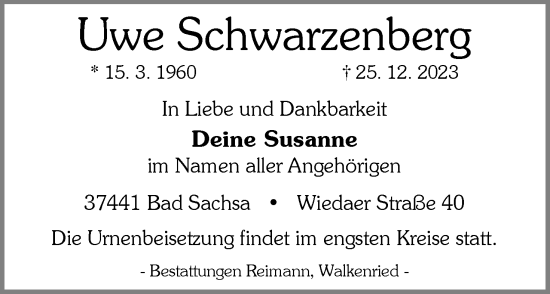 Traueranzeige von Uwe Schwarzenberg von Neue Braunschweiger am Samstag