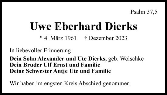 Traueranzeige von Uwe Eberhard Dierks von Braunschweiger Zeitung, Wolfsburger Nachrichten