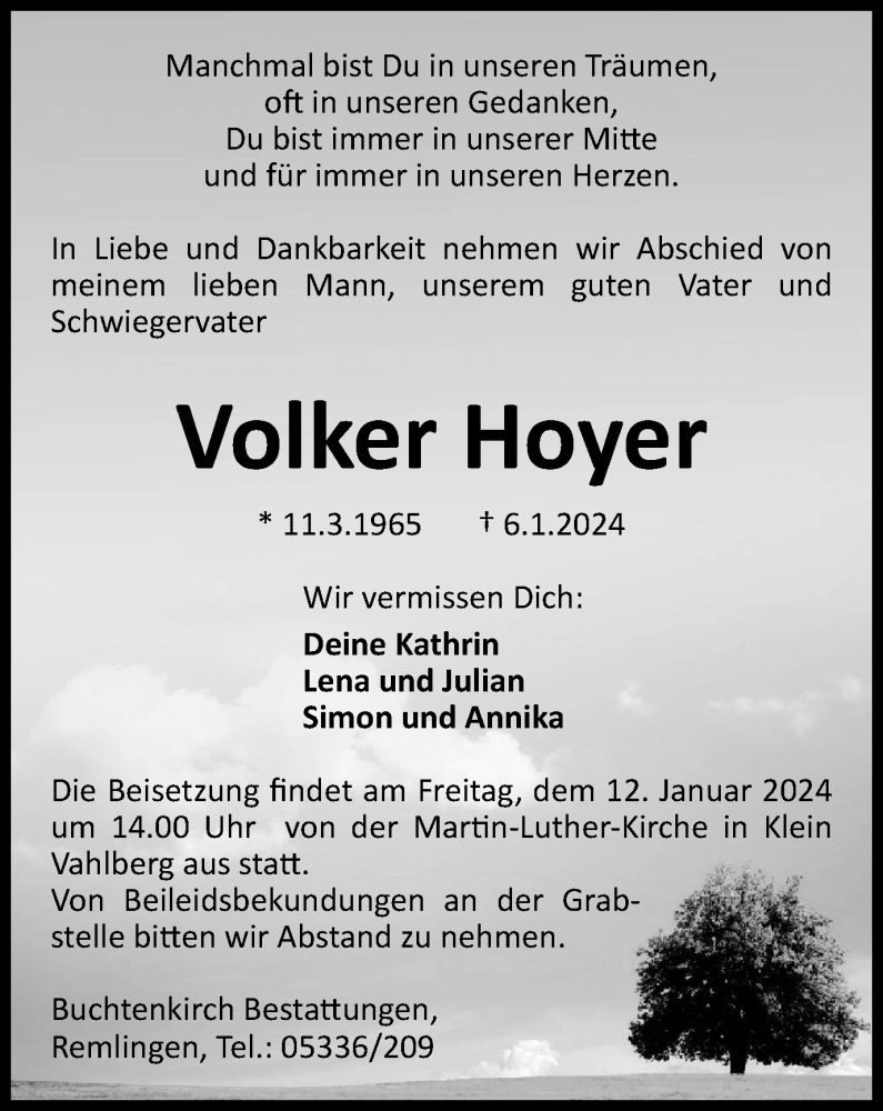  Traueranzeige für Volker Hoyer vom 10.01.2024 aus Wolfenbütteler Zeitung