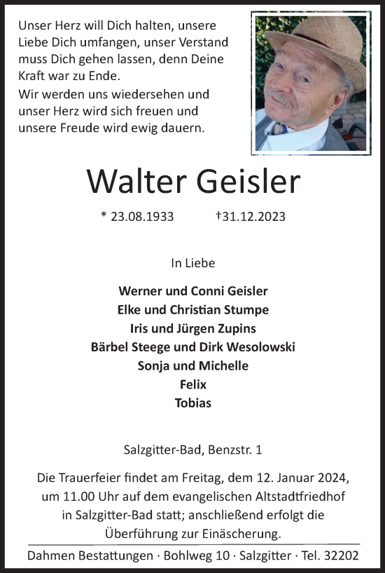 Traueranzeige von Walter Geisler von Salzgitter-Zeitung