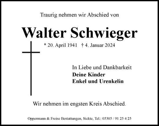 Traueranzeige von Walter Schwieger von Braunschweiger Zeitung