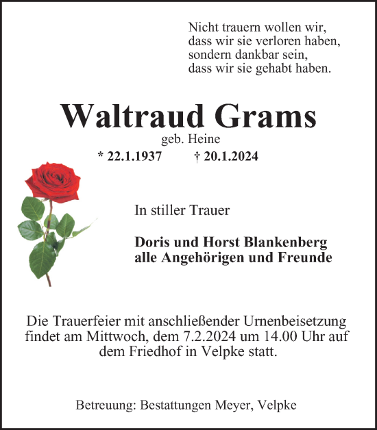 Traueranzeige von Waltraud Grams von Wolfsburger Nachrichten