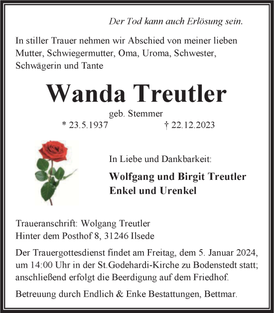 Traueranzeige von Wanda Treutler von Peiner Nachrichten