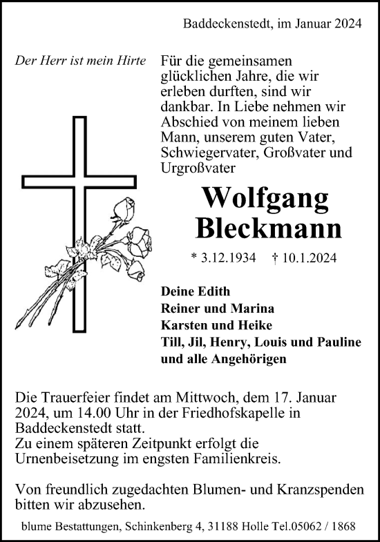 Traueranzeige von Wolfgang Bleckmann von Salzgitter-Zeitung