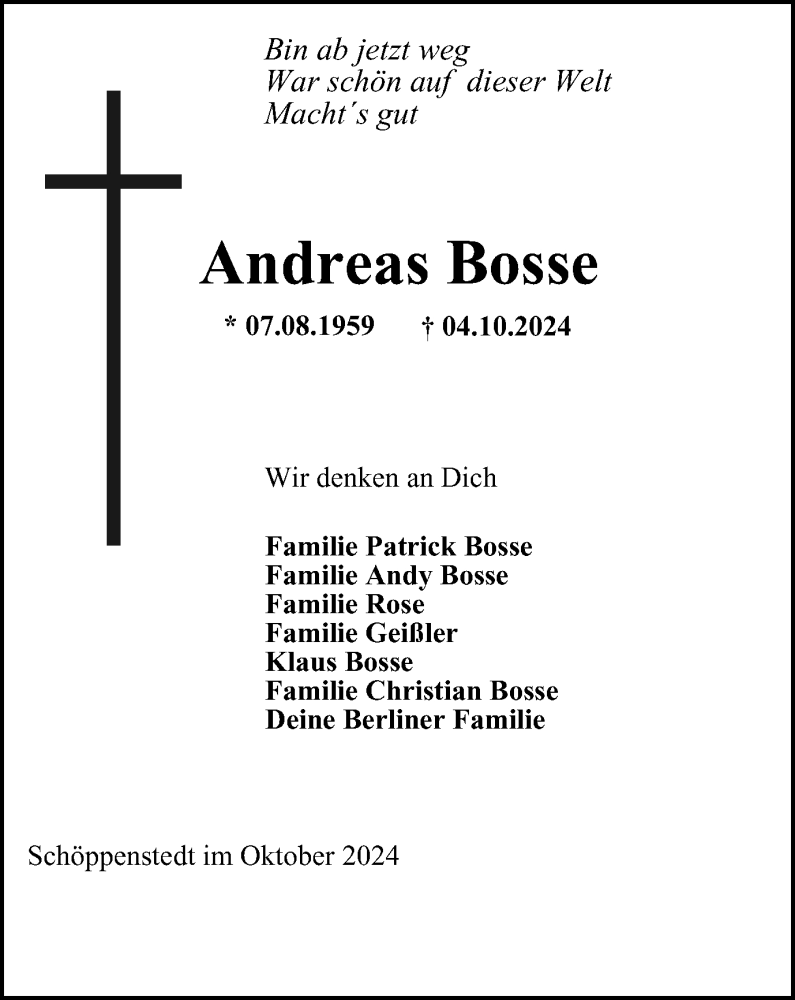  Traueranzeige für Andreas Bosse vom 12.10.2024 aus Wolfenbütteler Zeitung