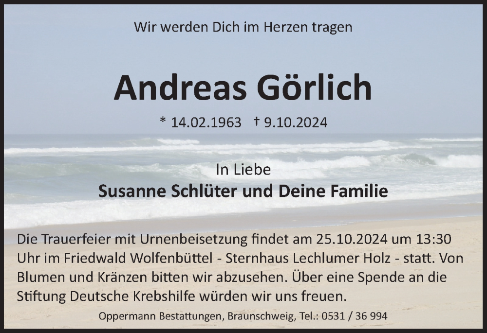  Traueranzeige für Andreas Görlich vom 19.10.2024 aus Braunschweiger Zeitung