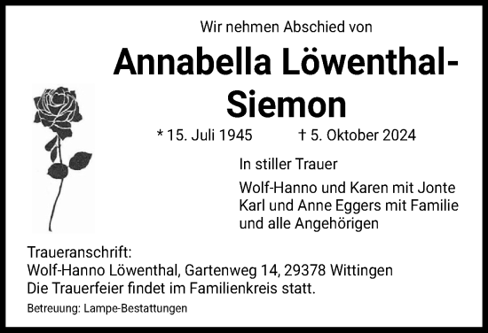 Traueranzeige von Annabella Löwenthal-Siemon von Wolfsburger Nachrichten