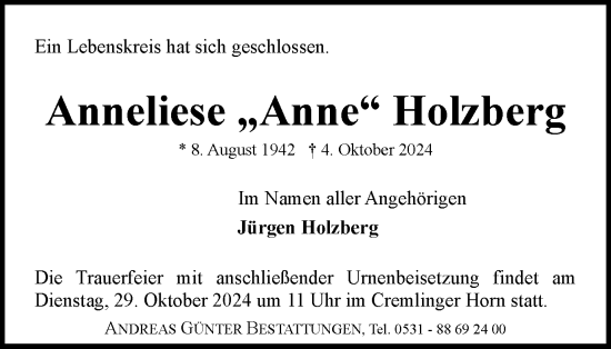 Traueranzeige von Anneliese  Holzberg von Braunschweiger Zeitung, Wolfsburger Nachrichten