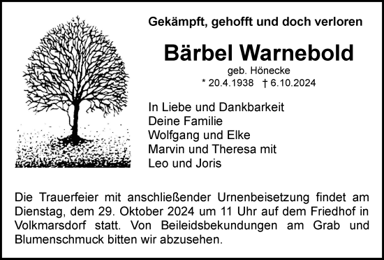 Traueranzeige von Bärbel Warnebold von Braunschweiger Zeitung, Wolfsburger Nachrichten