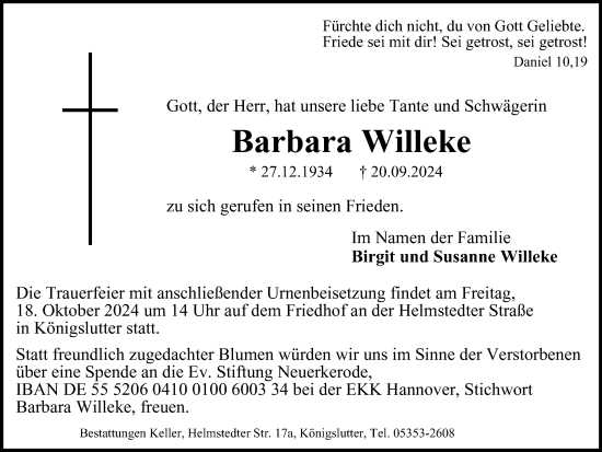 Traueranzeige von Barbara Willeke von Helmstedter Nachrichten