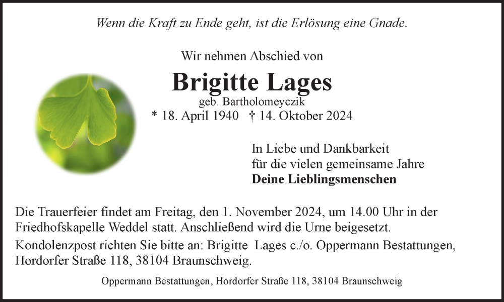  Traueranzeige für Brigitte Lages vom 26.10.2024 aus Braunschweiger Zeitung