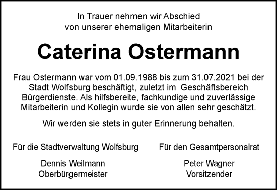 Traueranzeige von Caterina Ostermann von Wolfsburger Nachrichten