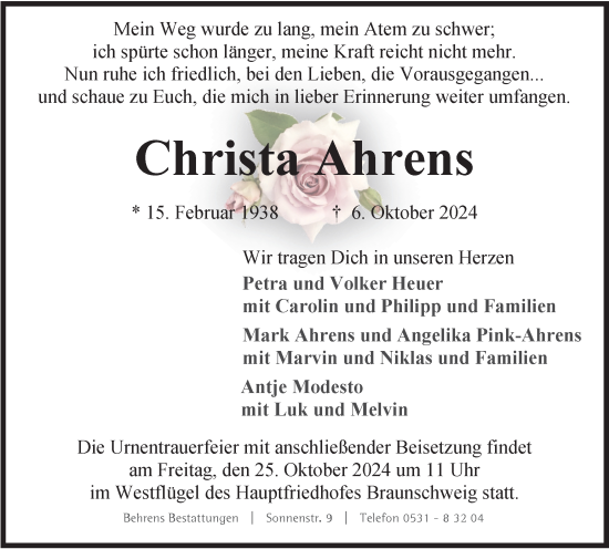 Traueranzeige von Christa Ahrens von Braunschweiger Zeitung