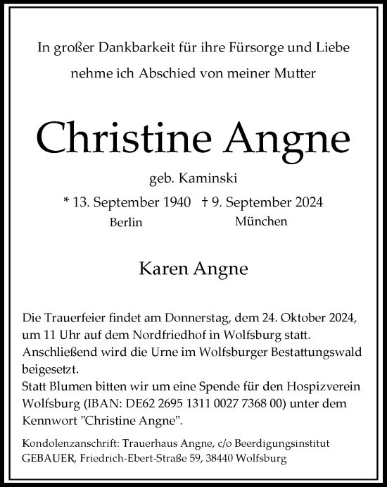 Traueranzeige von Christine Angne von Wolfsburger Nachrichten