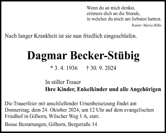 Traueranzeige von Dagmar Becker-Stübig von Braunschweiger Zeitung