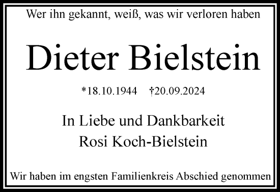 Traueranzeige von Dieter Bielstein von Wolfenbütteler Zeitung