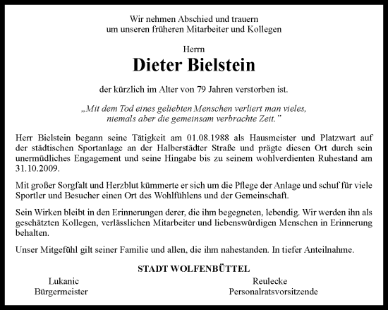 Traueranzeige von Dieter Bielstein von Wolfenbütteler Zeitung