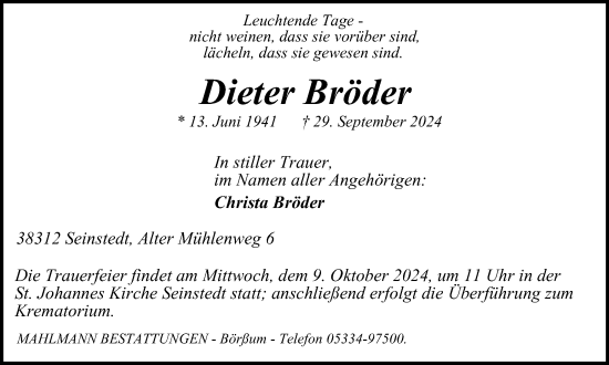 Traueranzeige von Dieter Bröder von Wolfenbütteler Zeitung