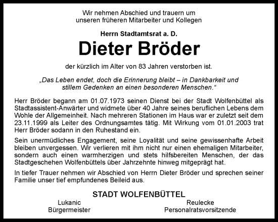 Traueranzeige von Dieter Bröder von Wolfenbütteler Zeitung