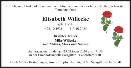 Traueranzeige von Elisabeth Willecke von Salzgitter-Zeitung