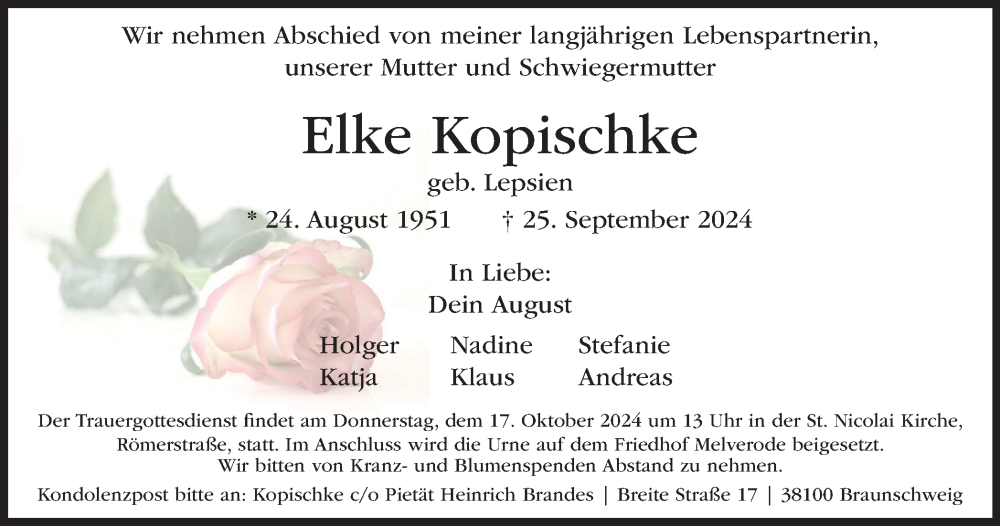  Traueranzeige für Elke Kopischke vom 12.10.2024 aus Braunschweiger Zeitung