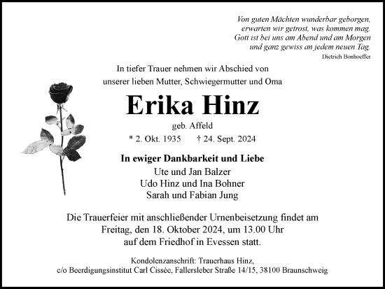 Traueranzeige von Erika Hinz von Braunschweiger Zeitung