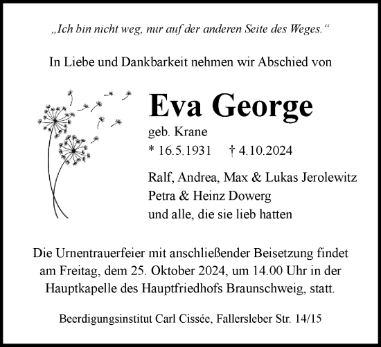 Traueranzeige von Eva George von Braunschweiger Zeitung