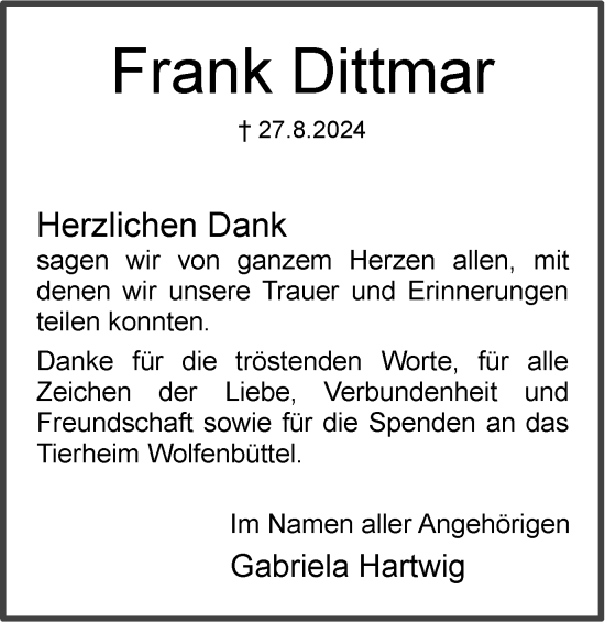 Traueranzeige von Frank Dittmar von Braunschweiger Zeitung