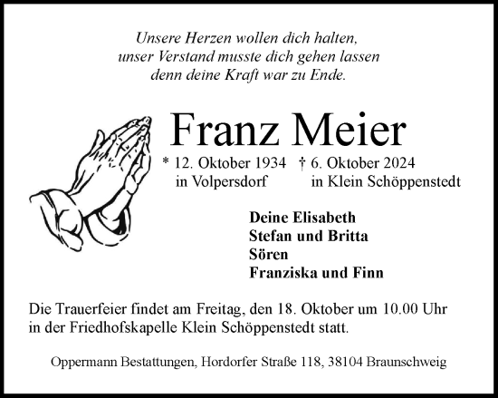 Traueranzeige von Franz Meier von Braunschweiger Zeitung