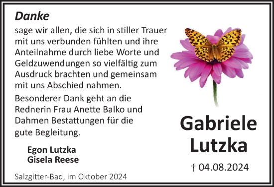 Traueranzeige von Gabriele Lutzka von Salzgitter-Zeitung