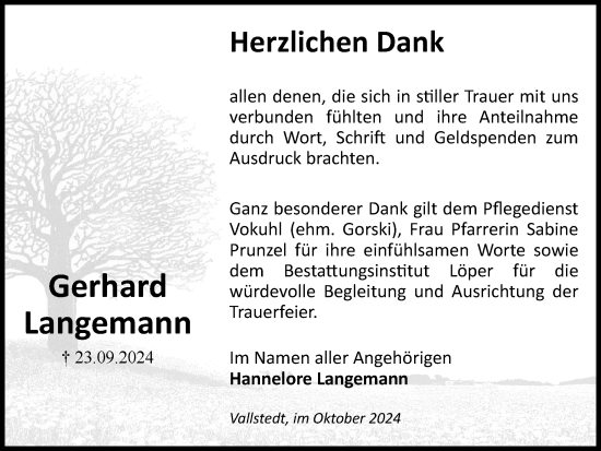 Traueranzeige von Gerhard Langemann von Peiner Nachrichten