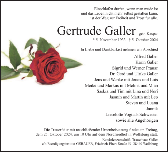 Traueranzeige von Gertrude Galler von Wolfsburger Nachrichten