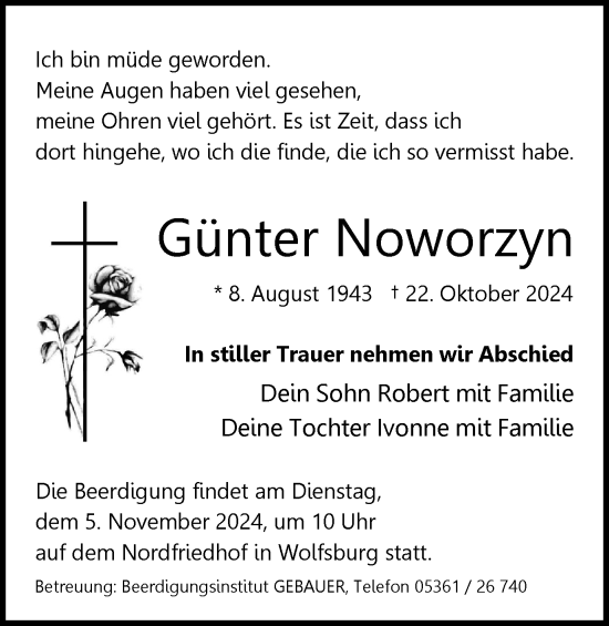 Traueranzeige von Günter Noworzyn von Wolfsburger Nachrichten